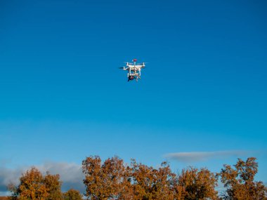 Bir dron bulutlu gökyüzü ve ağaçlar yakınındaki ormanda uçan hareket