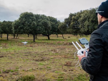 Bir dron pilot pilot ile smartphone ormanın içinde onun elinde uzaktan kumanda ile