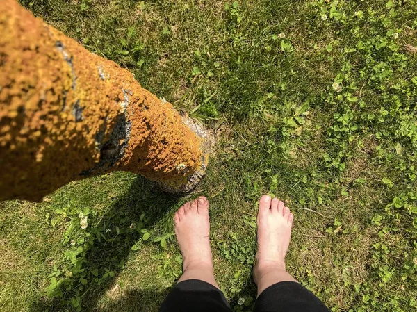 Füße Der Person Auf Grünem Rasen — Stockfoto