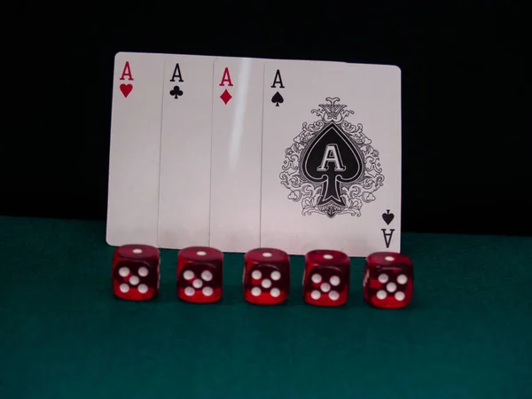 Four Aces Poker Deck Several Dice Green Mat — Stock Photo, Image