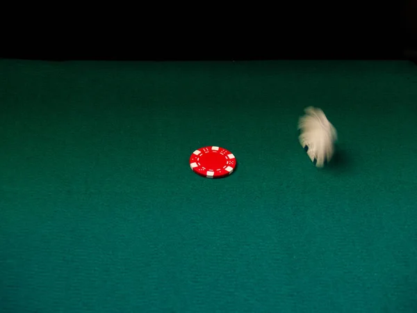A poker chip in motion and another stopped on a green mat