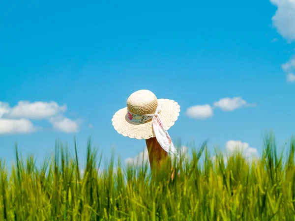 Woman Holding Hat Field — Stock Photo, Image