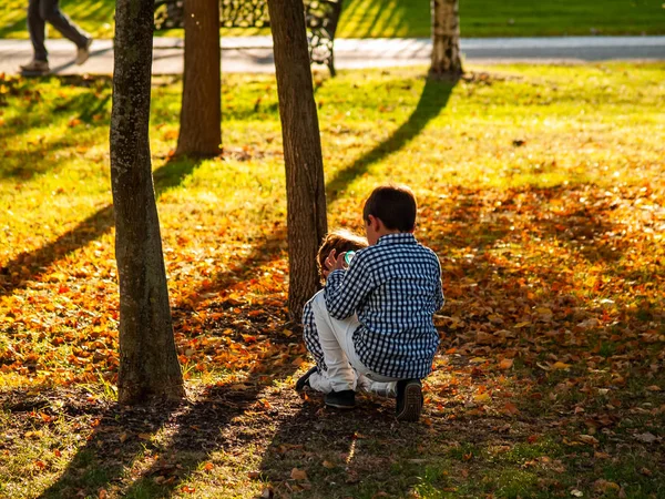 Dois Meninos Bonitos Jogando Parque Com Lupa — Fotografia de Stock