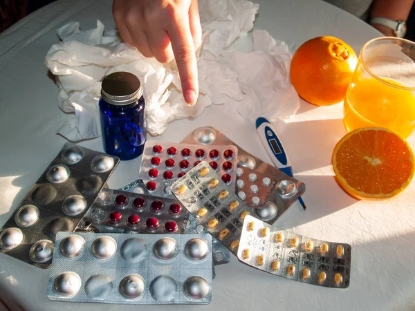 Packs Pills Orange Juice Table — Stock Photo, Image