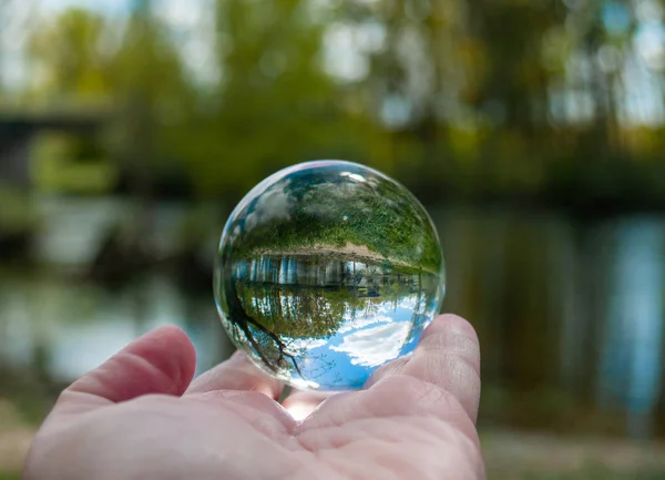 Person Crystal Ball His Hand Landscape Reflection — Stock Photo, Image