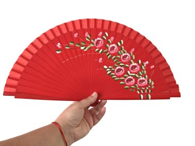 Beyaz arka plan üzerinde bir fan tutan el