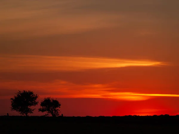 Céu Laranja Romântico Pôr Sol Com Poucas Nuvens Rastos Químicos — Fotografia de Stock