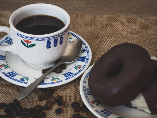 Breakfast Porcelain Coffee Cup Antique Spoon Chocolate Donuts Coffee Beans — Stock Photo, Image