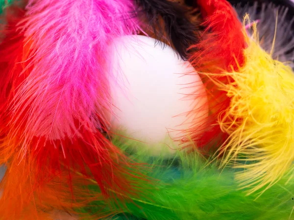 Um ovo entre muitas penas tingidas em várias cores — Fotografia de Stock