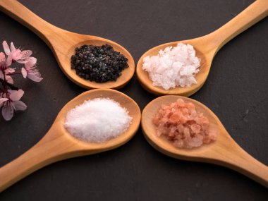 Himalaya tuzlu tahta kaşıklar, siyah Hawaii tuzu, levhada tuz ve tuz taneleri.