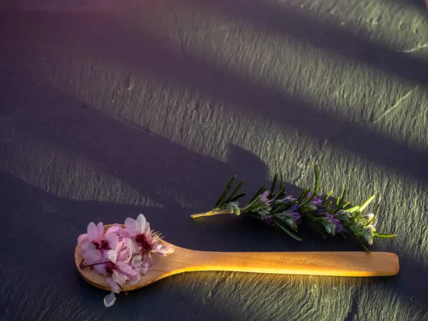 Una cuchara de madera con flores comestibles y una ramita de romero en un plato de pizarra — Foto de Stock