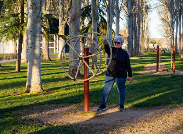 Una mujer mayor con el pelo blanco practicando gimnasia en un parque bio-saludable —  Fotos de Stock