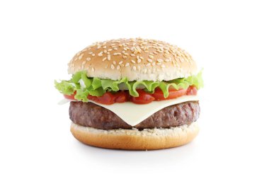 Amerikan Burger pirzola ve beyaz arka plan üzerinde izole sebze
