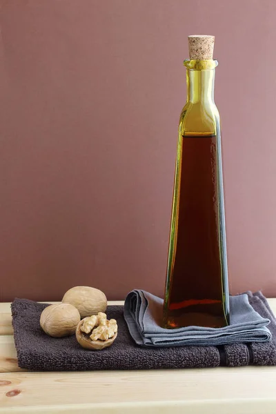 Walnut Oil Bottle Nuts Glass Juglans Regia Persian Walnut Circassian — Stock Photo, Image