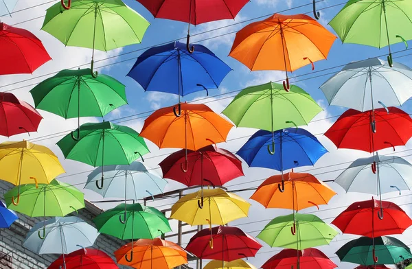 Parapluies Colorés Sur Fond Ciel Automne — Photo