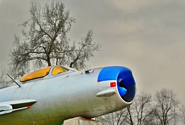 Blue Painted Front Old Jet Military Aircraft Which Monument Dark — Stock Photo, Image