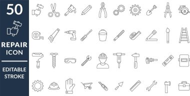construction and repair tools line icon set. editable stroke, engineering and hardware outline icon, repair projects