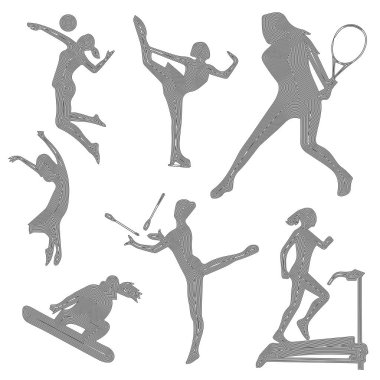 Spor kız silueti, spor simgeleri, bir kız silueti, doğrusal sanat, vektör illüstrasyon, eps 10