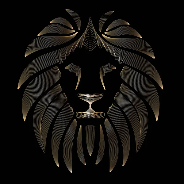Lineer stilize aslan. Siyah ve altın grafik. Vektör illüstrasyon dövme, t-shirt, çanta, poster, kartpostal için tasarım olarak kullanılabilir