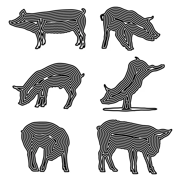 Pig siluett set, svarta linjer på vit bakgrund, vektor illustration, EPS 10 — Stock vektor