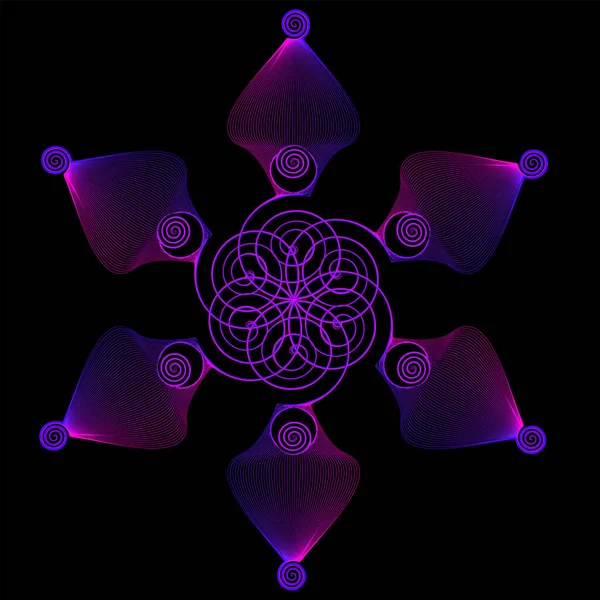 Geometriai virág fekete alapon, színgeometria, stilizált virág, vektoros illusztráció — Stock Vector