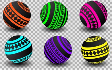 Siyah toplar, saydam bir arkaplanda renkli, geometrik desenli, turuncu, yeşil, pembe. Vektör illüstrasyonuName