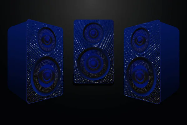 3 alto-falantes para música 3d, azul com brilho, ilustração vetorial realista, EPS 10 — Vetor de Stock