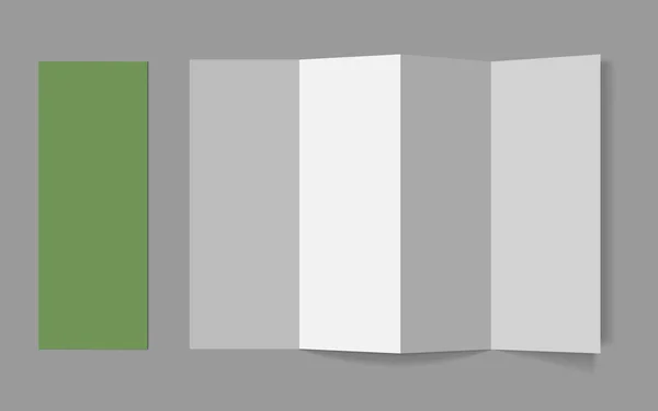 Leerer Dreiklappflyer mit Einband auf grauem Hintergrund. 3D-Illustration mit weichen Schatten. Vektor EPS10 Abbildung. — Stockvektor