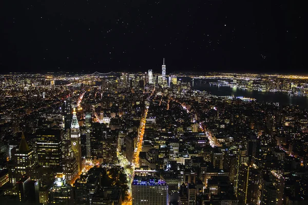 Letecký Panoramatický Pohled Manhattan Noci — Stock fotografie