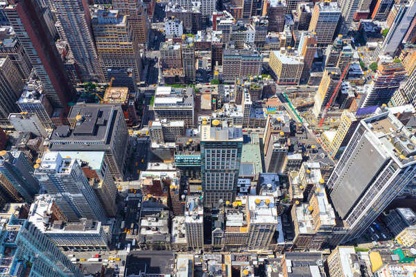 Aerial view of traffic and street activity in Manhattan, New York City