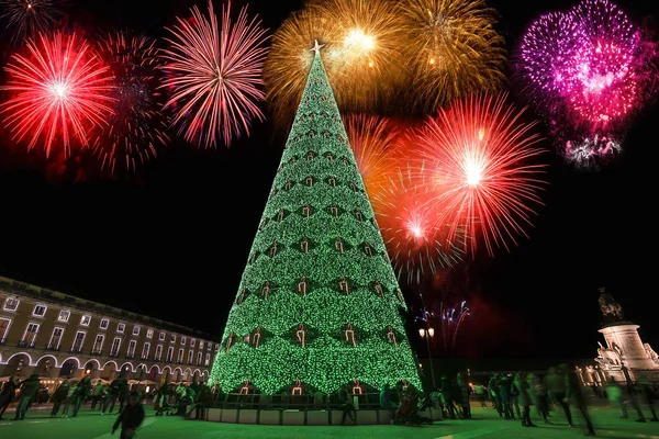 Christmas Tree Commerce Square Night Lisbon Portugal — Stock Photo, Image