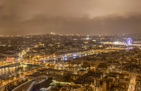 Пташиного Польоту Міський Пейзаж Парижа Вночі Хмарних Дощових Сієни Річка — стокове фото