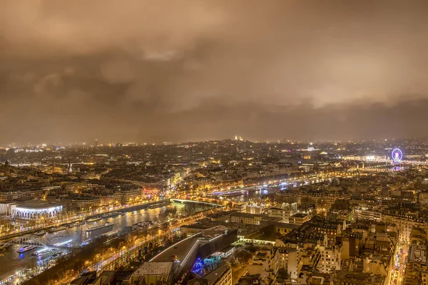 Пташиного Польоту Міський Пейзаж Парижа Вночі Хмарних Дощових Сієни Річка — стокове фото
