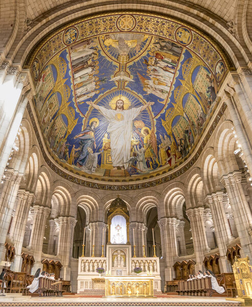 Paris, France - March 14, 2018: Main Altar inside The Basilica of the Sacred Heart of Paris, is a Roman Catholic church and minor basilica, dedicated to the Sacred Heart of Jesus