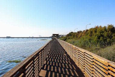 Ahşap sahil mesire gün batımında. Huelva. İspanya
