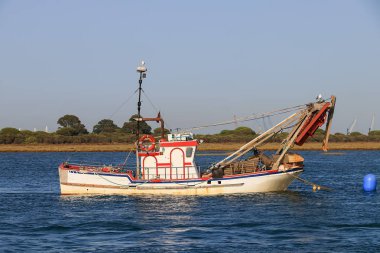 Kabuklu deniz tekne palamarla günbatımında Punta Umbria bay, Huelva, İspanya