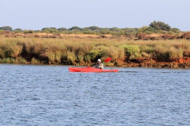 Huelva, İspanya - 16 Temmuz 2017: Kimliği belirsiz kişi Huelva Bay motorlu tekne faaliyetleri tadını çıkarın