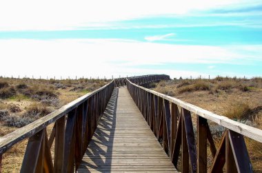 Ahşap geçit üzerinde plaj kum tepeleri. Andalusia, İspanya doğal bir alan içindeki Huelva Beach, plaj yolu