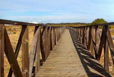 Ahşap geçit üzerinde plaj kum tepeleri. Andalusia, İspanya doğal bir alan içindeki Huelva Beach, plaj yolu