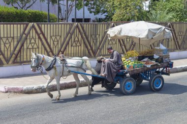 Aswan, Mısır - 13 Eylül 2018: Mısır adam meyve içinde bir at taşıma arabası çekilmiş.