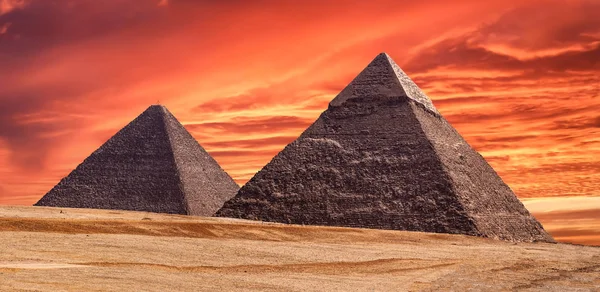 Panorama Över Området Med Stora Pyramiderna Giza Fantastiska Solnedgången Egypten — Stockfoto
