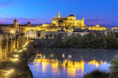 Gece görünümü Camii-Katedrali ve Roma Köprüsü Cordoba, Endülüs, İspanya