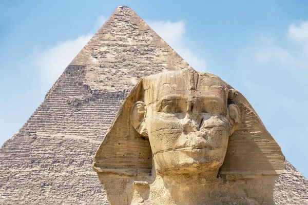 Spinx Rosto Fundo Pirâmide Gizé Cairo Egito — Fotografia de Stock