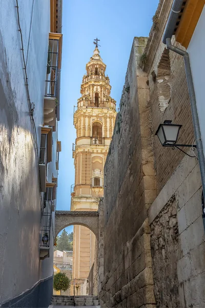 View Victoria Tower Torre Victoria Walking Narrow Street Estepa Seville — Stock Photo, Image