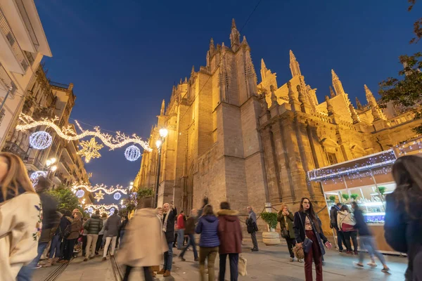 Seville Spain December 2018 Christmas Decoration Lights Seville Cathedral Saint — Stock Photo, Image