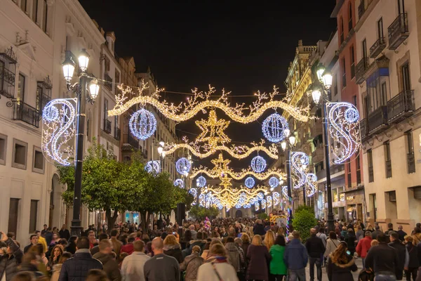 stock image Seville, Spain - December 15, 2018: Christmas decoration lights around Seville Cathedral of Saint Mary of the See (Seville Cathedral) at christmas time