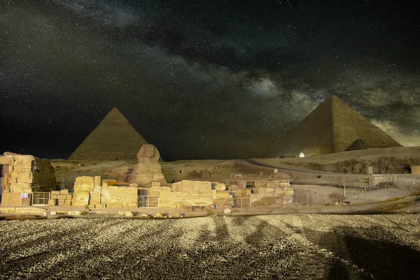 Giza Pyramids Sphinx Light Night — Stock Photo, Image