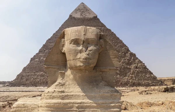 Spinxgesicht Auf Dem Hintergrund Der Giza Pyramide Kairo Ägypten — Stockfoto