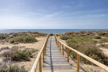 Ahşap yolu tepeleri ve pines plajda Punta Umbria, Huelva üzerinde. Los Enebrales beach