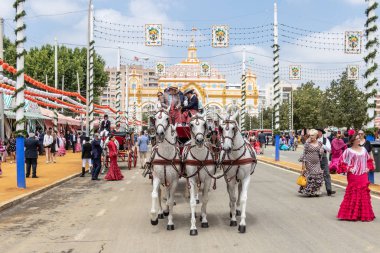 Sevilla, İspanya - 5 Mayıs 2019: Atlı arabaya binen insanlar